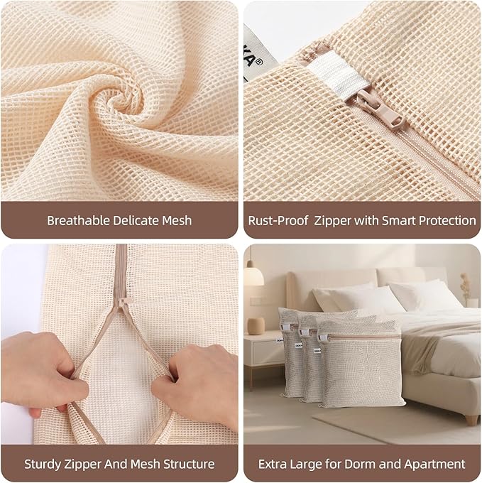 100% Pure Cotton Mesh Laundry Bags, Premium Soft, No Dye, Natual,Set of 3(XXL)