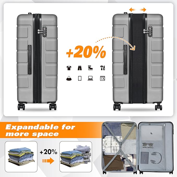 Explorer Luggage Set, Lightweight Hardside Suitcase, Expandable Carry-On Luggage with Travel Backpack & Cosmetic Makeup Bag, 5-Piece Set (20in/24in/28in), Silver