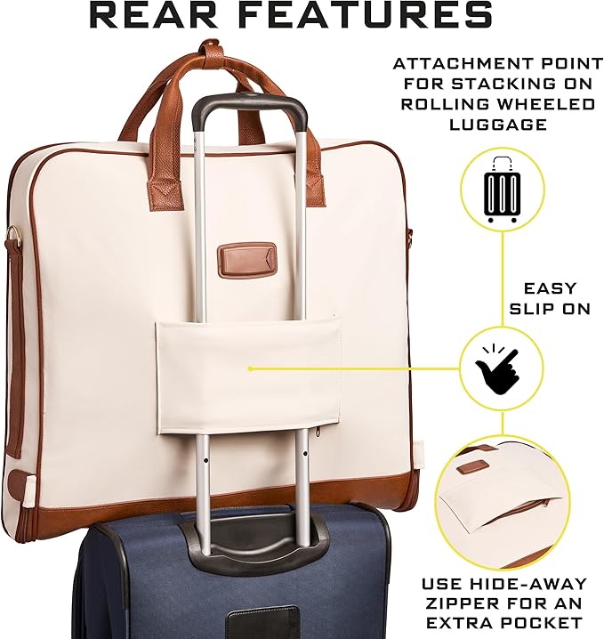 ZEGUR Premium Garment Bag Carry On for Women - Hangs Blazers, Pantsuits & More - Travel Bag with Shoulder Strap and Laptop Compartment (Beige with Saddle Brown Leather)