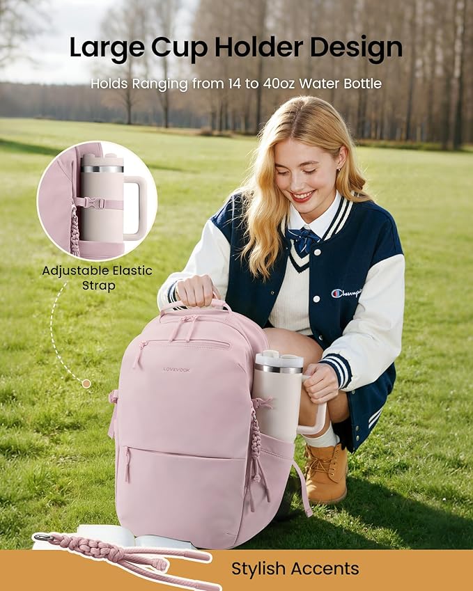 LOVEVOOK Laptop Backpack for Women with Giant Tumbler Holder - 15.6Inch Work Computer Travel Backpack with Laptop Compartment, Water Resistant, Cute Commuter College Teacher Nurse Purse Bag, Pink