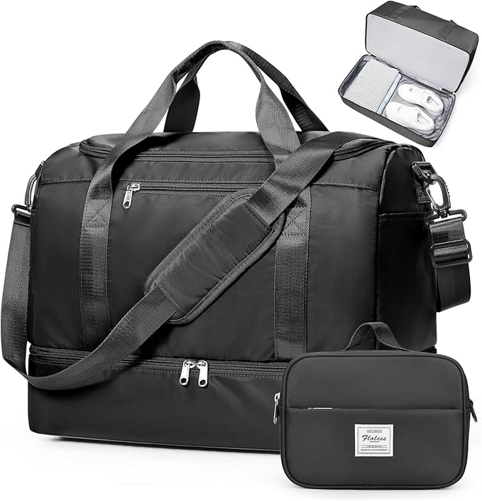Travel Duffel Bag for Women, Carry-on Overnight Weekender Bags with Wet Pocket & Toiletry Bag, For Spirit Airlines 18x14x8 Personal Item Bag,Small,Black