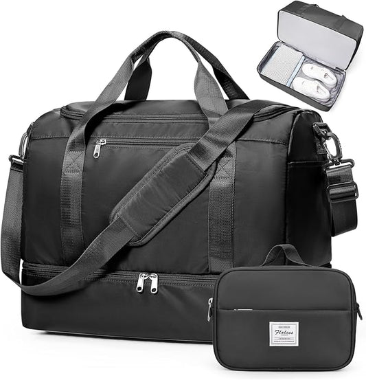 Travel Duffel Bag for Women, Carry-on Overnight Weekender Bags with Wet Pocket & Toiletry Bag, For Spirit Airlines 18x14x8 Personal Item Bag,Small,Black