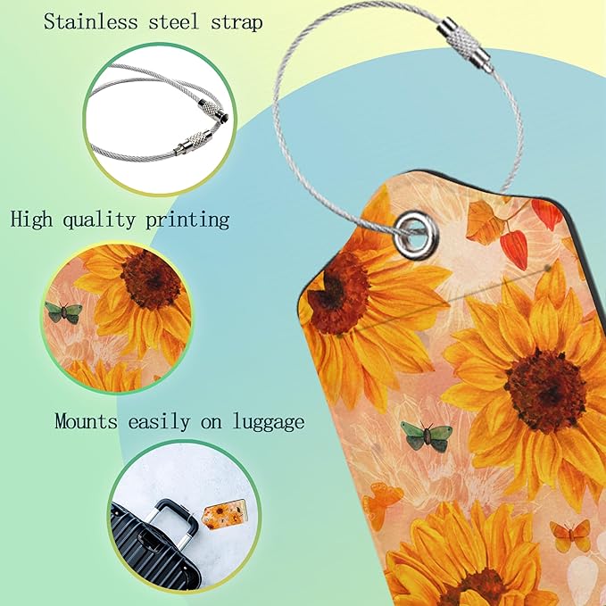 Sunflowers Luggage Tags Set of 2 Butterfly Retro Leather Suitcase Tags with Stainless Steel Loop and Privacy Cover for Women Men Travel Luggage Accessories