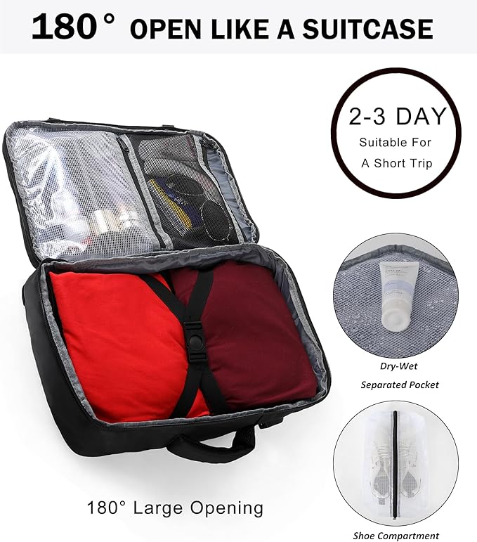 TANTOMI Small Travel Backpack for Women Men, 15.6 Inch Laptop Backpack Flight Approved, Carry-On Bags with USB Charging Port & Shoe Pouch, Casual Daypack on Airplane for Weekender Work Business, Black