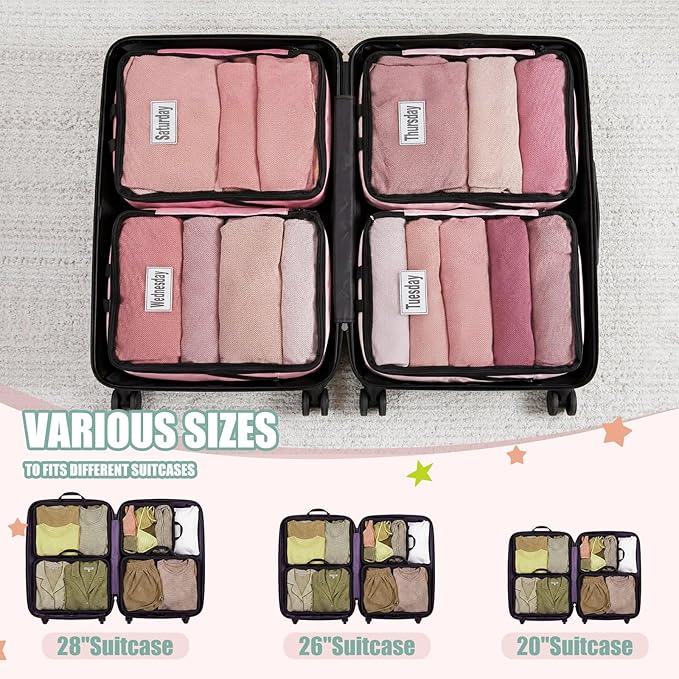 7 Pcs Packing Cubes for Travel Large Days of Week Compression Packing Cube with Labels Luggage Organizers Storage Bag(Vibrant Color)