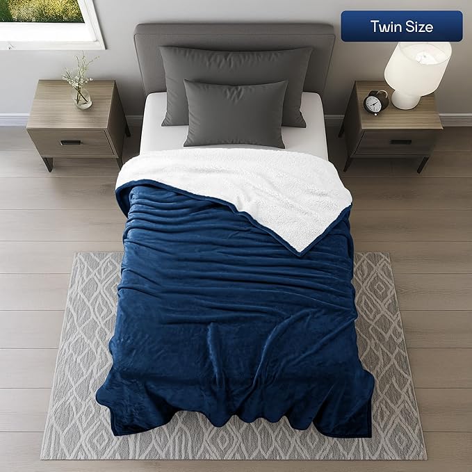 Utopia Bedding Sherpa Blanket Twin Size (Navy, 60x80 Inches) - Soft Lightweight Plush Fleece Reversible Winter Blanket for Bed, Sofa, Couch, Camping and Travel