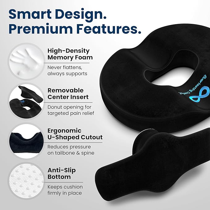 Everlasting Comfort Donut Pillow for Tailbone Pain Relief Ergonomic Seat Cushion - Hemorrhoid Pillow for Sitting- Ideal Memory Foam Coccyx Chair Cushion for Postpartum Pregnancy, Anti-Slip, Washable
