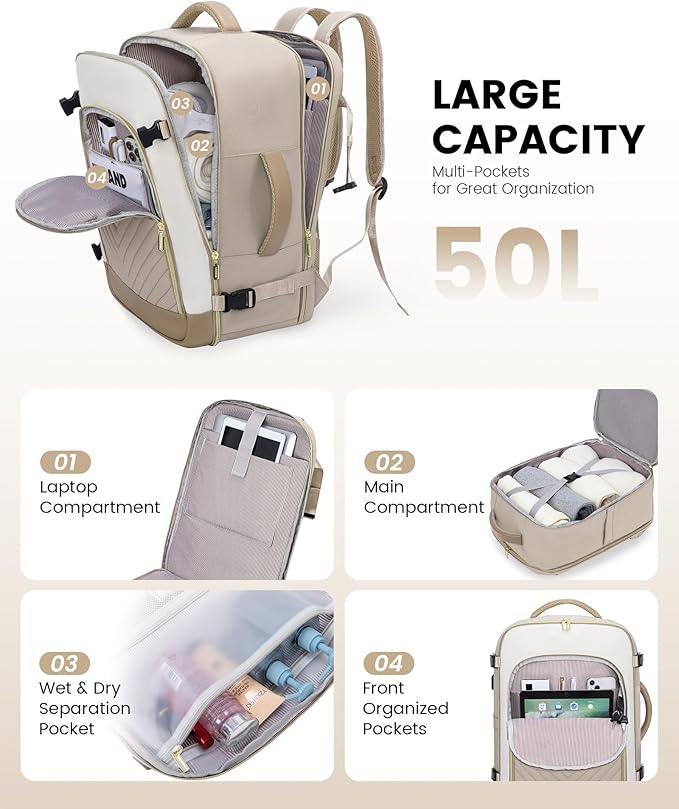 LOVEVOOK Large Travel Backpack for Women, 50L Carry on Backpack Airplane Approved, TSA Personal Item Travel Bag for Women fits 18" Laptop, Waterproof Carry on Bags for airplanes with 3 Packing Cubes