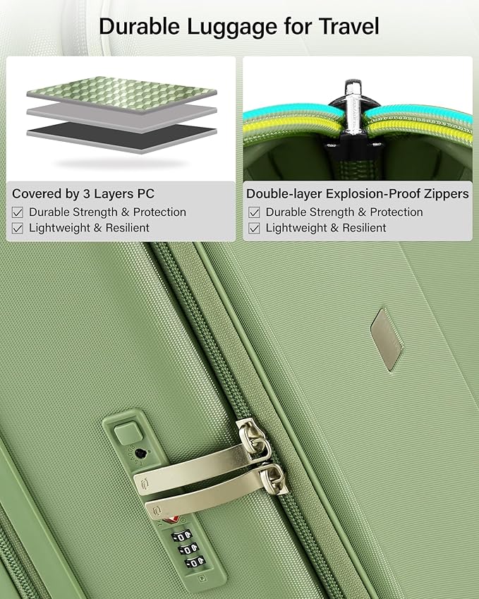 MILADA 24 Inch Checked Luggage, Expandable Hardshell Suitcase with 360° Spinner Wheels & TSA Lock, Lightweight Medium Rolling Luggage for Men and Women Travel, Bamboo Green
