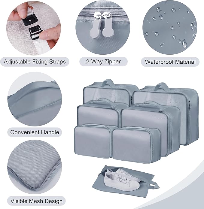 Packing Cubes 7 Pcs Travel Packing Cubes for Suitcases Large Capacity Travel Luggage Organizer Bags for Carry-on Luggage (Grey)