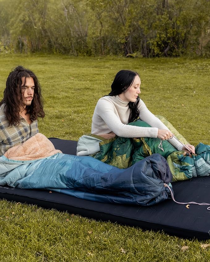 KingCamp Large Camping Blanket with Sherpa Lining, Packable Down Alternative Puffy Printed Wearable Blanket with Snap Buttons, Warm Weatherproof Quilt for Outdoor Travel (79" L x 57" W, Green)