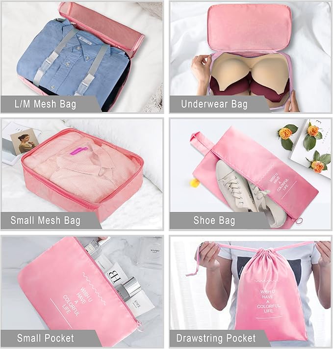 Packing Cubes, 8 Pcs Travel Packing Organizers for Suitcases, Large Capacity Travel Luggage Organizers Set includes 8 Storage Bags for Women or Men (Pink)