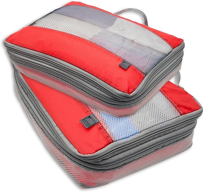 Lewis N. Clark ElectroLight Expandable Compression-Packing Cube + Travel Organizer for Luggage, Suitcase or Carry On with Smart Design Grab Handle & Breathable Mesh, 2-Pack (1 Med, 1 Large), Red