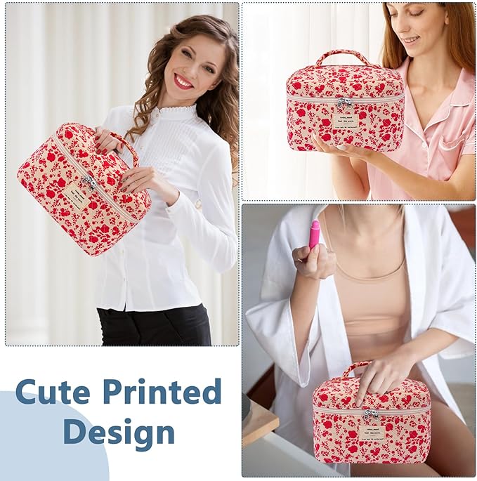 Large Makeup Bag, Cute Cosmetic Bag for Women Girls, Floral Coquette Aesthetic Toiletry Bag, Travel Make Up Organizer Bag (Pink Rose)