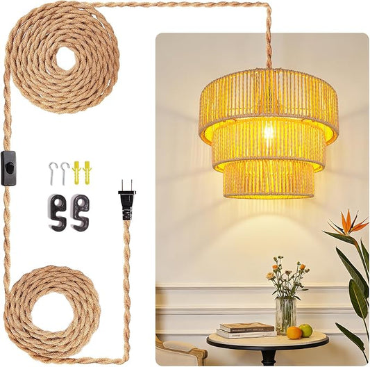 Hanging Light Ceiling Lamp Pendant Lights Rattan Hanging Lamp with Plug in Cord for Living Room Bedroom Kitchen Indoor Hanging Lamp Plug in Woven Lampshade