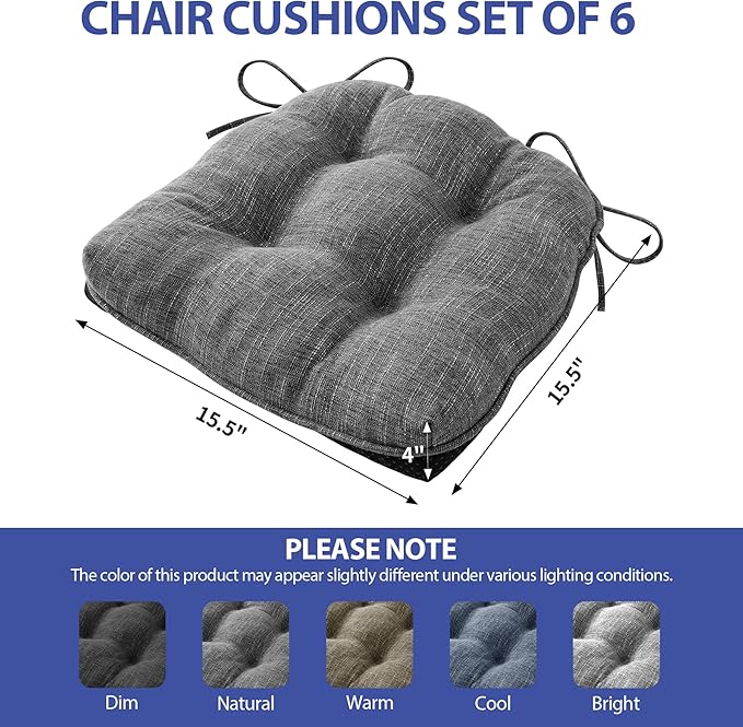 Chair Cushions for Dining Chairs Set of 6, Kitchen Chair Cushions, Chair Pads with Ties and Non Slip Backing, Tufted Memory Foam Seat Cushion 6 Pack, 15.5" x 15.5" x 4", Dark Gray