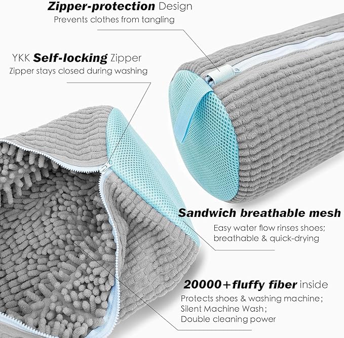 Shoe Washing Machine Bag,Laundry Shoe Bag for Washer and Dryer,Reusable Shoe Cleaning Bag for Sneakers,Tennis Shoes,With Self-locking Zipper, Microfiber Inside (Lite Grey - 2 Pack)