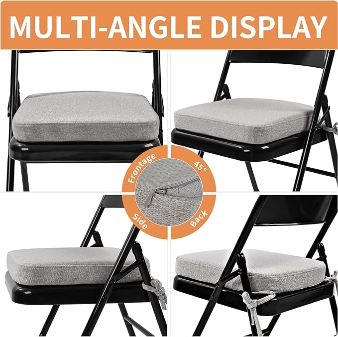 SINOSSO Memory Foam Chair Cushions for Folding Chairs 6 Pack, Thickened 2" Square Pads with Ties for Kitchen Chairs, Indoor Non-Slip Dining Chair Seat Cushions (6 Pcs, Light Gray)