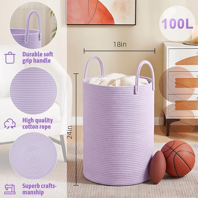 Laundry Basket,Woven Cotton Rope Laundry Hamper,100L for Decorative Storage of Dirty Clothes,Toys and Blankets in Bathroom,Baby Room and Living Room