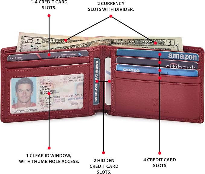 Real Leather Mens Bifold Wallet RFID Blocking Slim Minimalist Front Pocket - Thin & Stylish with ID Window in Gift Box (Nappa, Red)