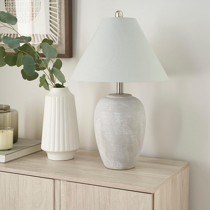Nourison Home 23" Grey Vintage Distressed Ceramic Pot Table Lamp for Bedroom, Living Room, End Table, with Grey Conical Empire Shade