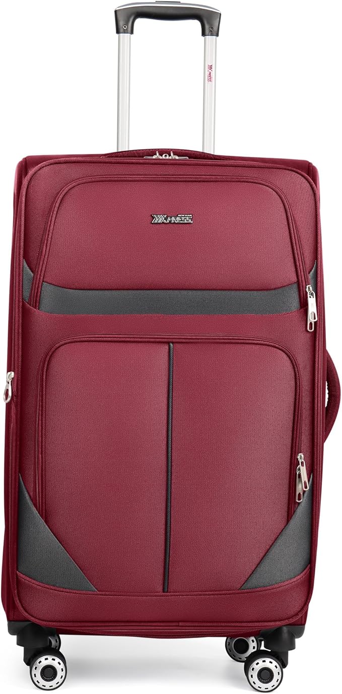 28" Large Softside Expandable 15% Checked Luggage with Double Spinner Wheels LOCK,Lightweight Travel Suitcase for Men/Women（Burgundy-Grey,28in）