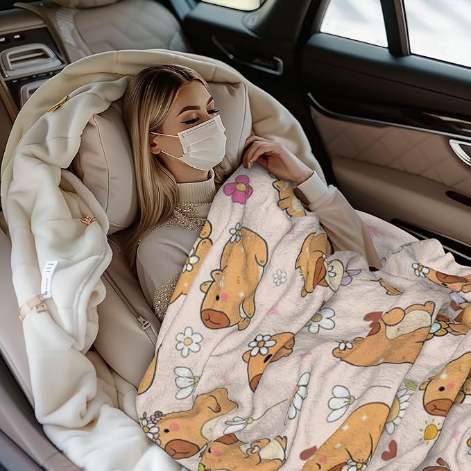 Blanket Gifts for Kids Girls Boys Adults Animals Lovers, Flanne Throw Blanket, Soft Cozy, Warmth, Fluffy Fuzzy Blankets for Couch, Bed, Travel, Living Room, Home, Decor (Daisy Capybara, 50"x40")