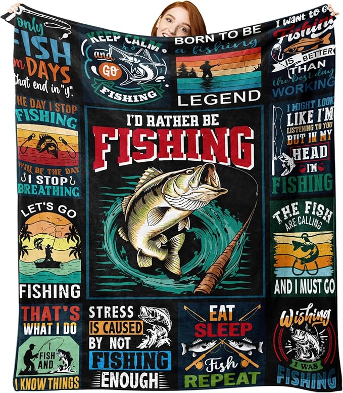 Fishing Gifts for Men Flannel Throw Blanket, Funny Present for Fisherman Hunter Dad Husband Kids Boys Women, Bass Fish Birthday Ideas, Humor Soft Blankets for Bedding Sofa 50"x60"