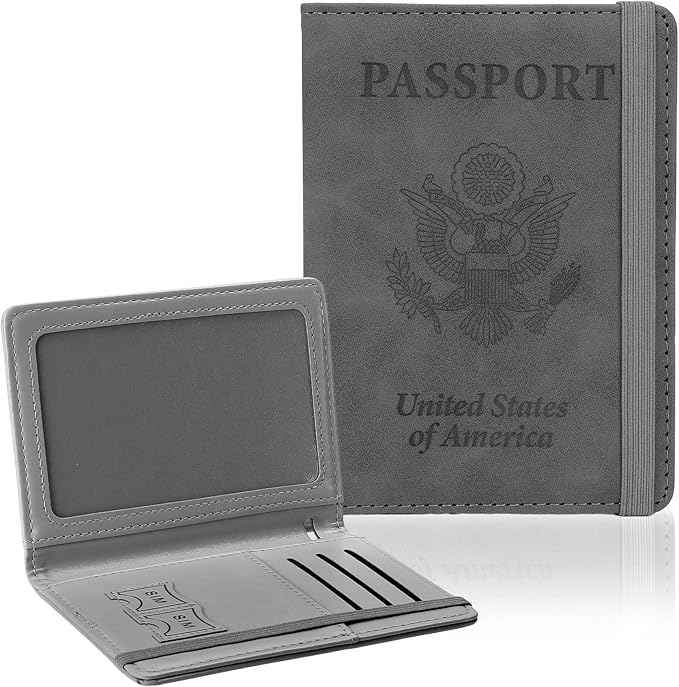 Passport Holder for Travel, RFID Blocking Passport Cover with Pen Holder Leather Passport Wallet Case Travel Must Haves Accessories Passport Book Card Holder for Family Travel Essentials Gifts, Gray