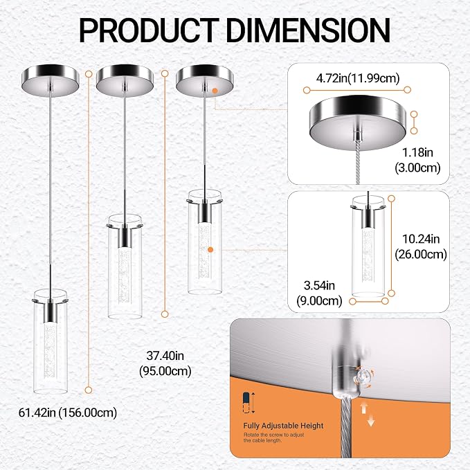 1 Pack Pendant Ceiling Light Fixture, Pendant Lights for Kitchen Island Crystal Pendant Light, 1-Light Integrated Kitchen Hanging Light Fixture Modern Island Light with Bubble Glass