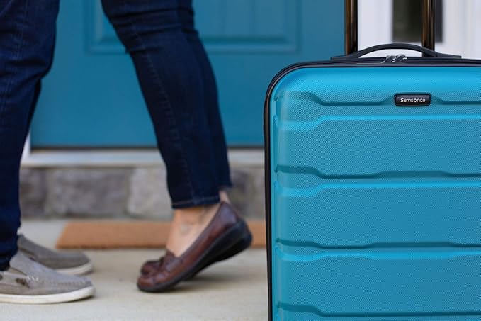Samsonite Omni PC Hardside Expandable Luggage with Spinner Wheels, Caribbean Blue, Checked-Large 28-Inch