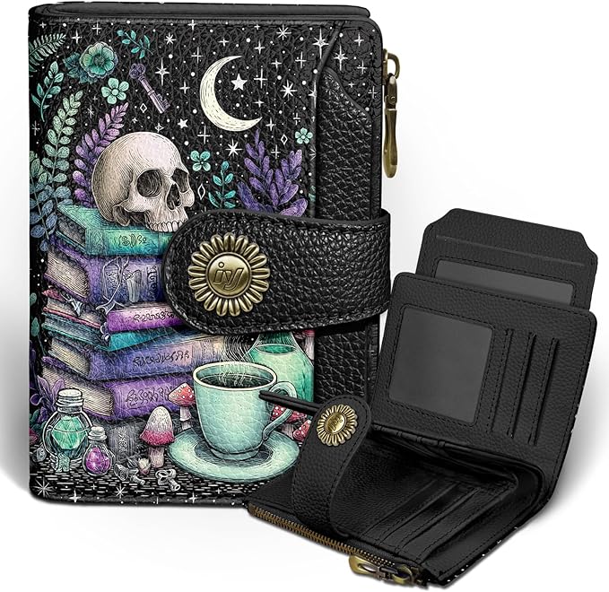 Icycay Goth Gothic Skull Small Wallet Women RFID Blocking Bifold, Credit Card Holder, Zipper Coin Pocket, PU Leather, Funny Witchy, Compact, Travel, 4 ID Window 14 Card Slots, Cash Purse, Ladies Woman