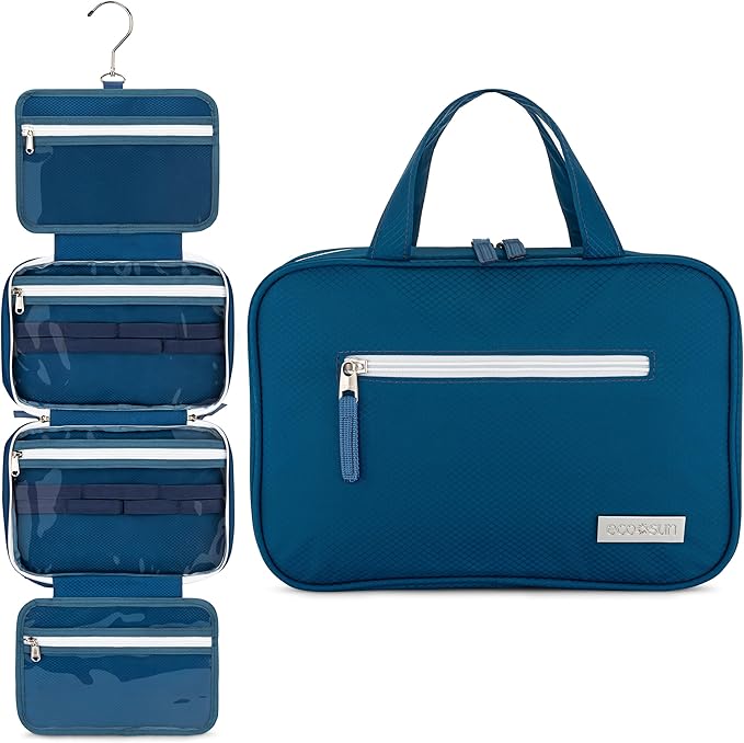 Eco Sun Hanging Travel Toiletry Bag — Designed in Hawaii — Water-Resistant Travel Organizer for Bathroom Accessories (Blue)
