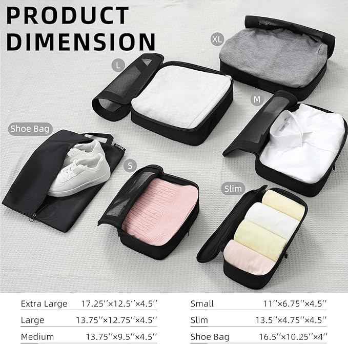 BAGAIL 4 Set/6 Set/8 Set Compression Packing Cubes Travel Accessories Expandable Packing Organizers (Square Mesh, 05-Jet Black)