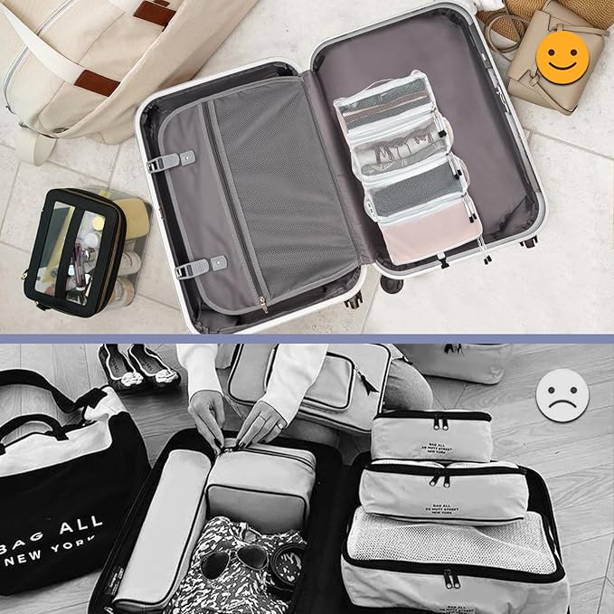 Surblue Travel Hanging Luggage Organizer Portable Suitcase Closet Organizer Multiple Compartments Collapsible Compression Packing Cubes Shelf, Pink, S