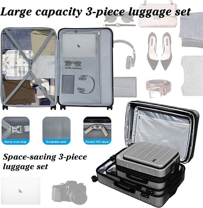 SmileLine 3-Piece Luggage Set Lightweight Hardside Suitcase TSA Lock Spinner Wheels, 20" Expandable Carry-On Luggage with Quick Access Front Open Pocket, Bonus Makeup Bag,Silver