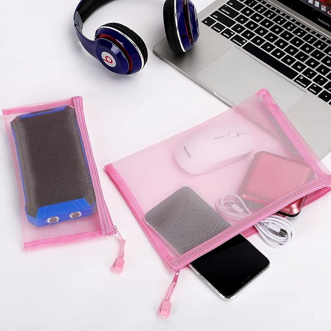 12 Pieces Zipper Nylon Mesh Pouch, Mesh Cosmetic Bags Makeup Bags Pencil Case, Multipurpose Travel Bags for Cosmetic School Office Supplies and Travel Accessories (Pink, A5)