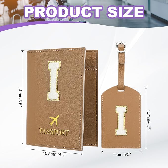 PATIKIL Passport Holder for Travel, Initial Passport Cover and Luggage Tag Set with Alphabet Chenille Letter Patch Travel Wallet Bag Suitcase Identifier for Women Family Travel Brown I