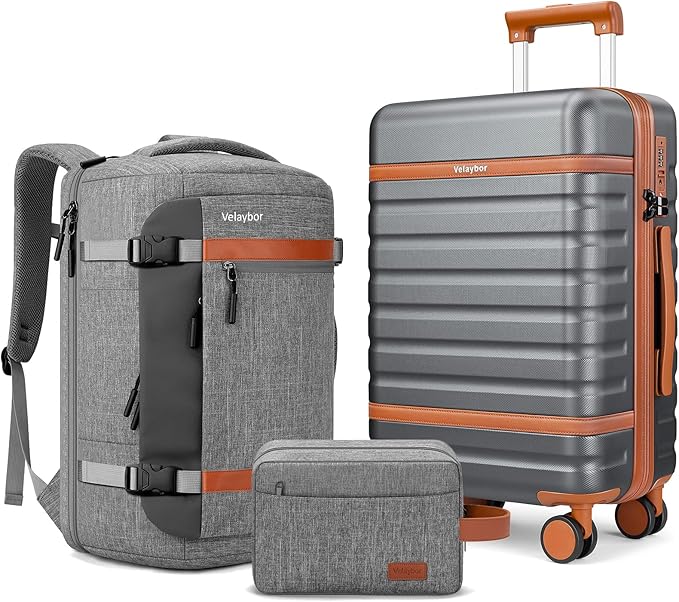 Luggage Sets 3 Piece with Spinner Wheels, Lightweight PC Hardside Suitcase with TSA Lock & YKK Zippers, 20 Inch Carry On Luggage with Travel Bag for Men and Women, Grey