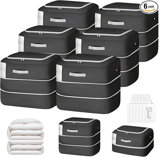 Comforter Storage Bag - 110L Large Capacity Blanket Storage Bags 2-Layer Ultra Space Saving Self Compression Organizer, Washable Compression Bags for Storage Comforter Blanket, 6-Pack, Black