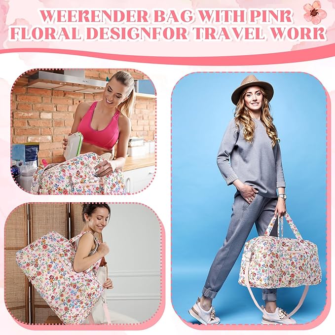 Large Quilted Travel Duffle Bag for Women Floral Portable Gym Weekender Bag with Zipper Pockets Workout Grocery Pouch Duffle Gift Pouch for Work(Pink Floral)