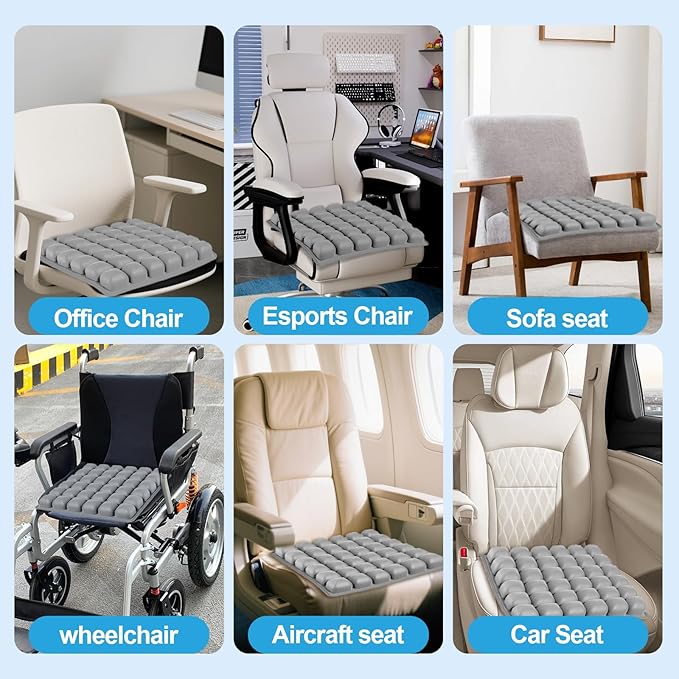 Grey Travel Seat Cushion – Portable Inflatable 3D Air Cell Seat Cushion for Long Flights, Car, Office, Wheelchair, Ergonomic Design for Tailbone Relief & Compact Support