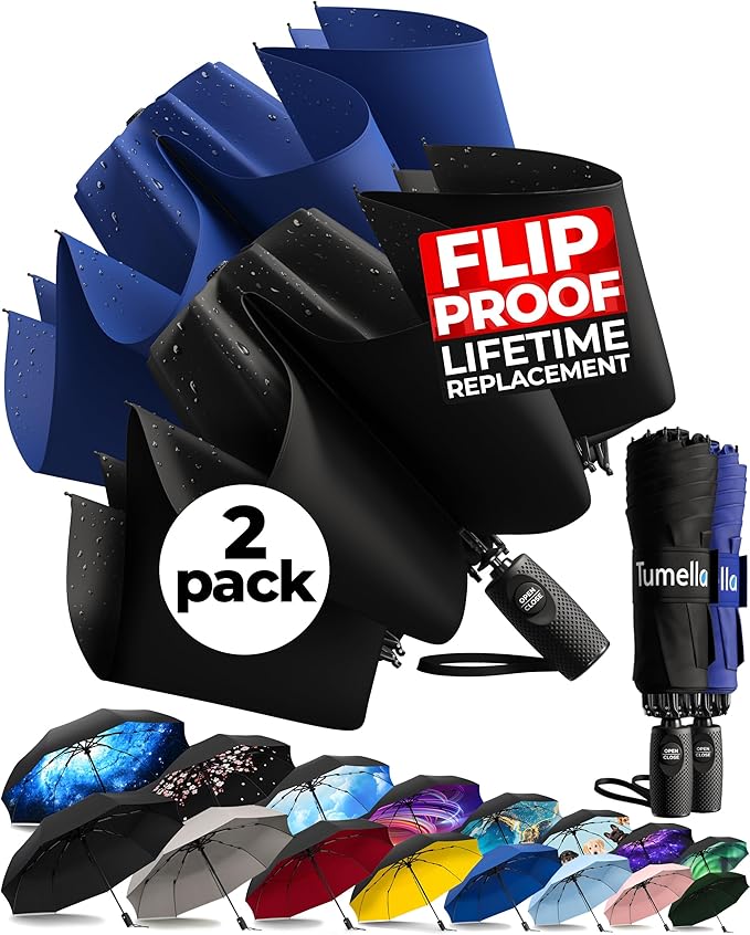 TUMELLA Inverted Windproof Umbrella, Large, Strong, Light, Portable, Automatic Reverse Folding Rain Umbrella, Durable Premium Grip, Fits Car & Backpack