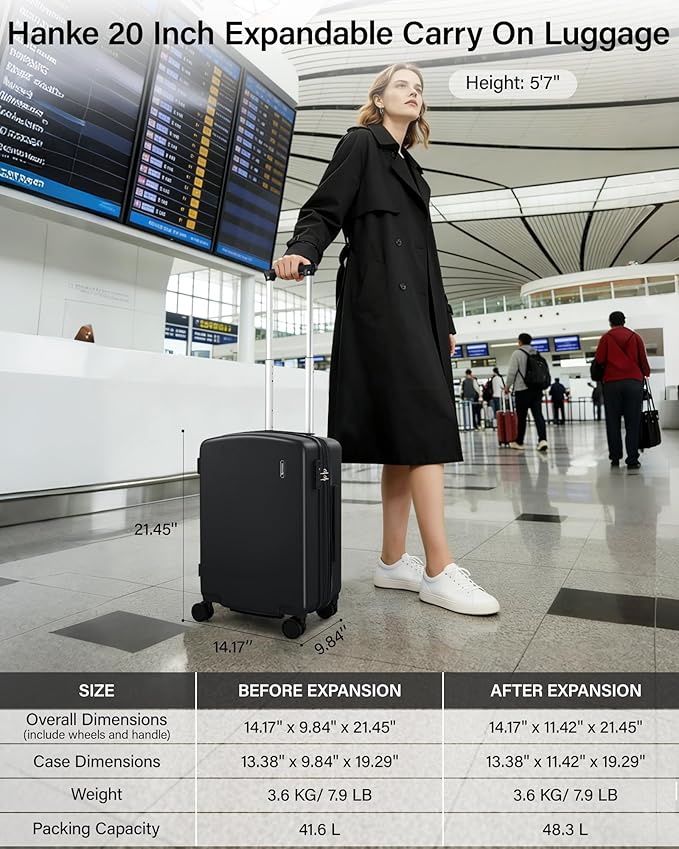 Hanke Expandable Carry On Luggage 22x14x9 Airline Approved, 20 Inch Hard Shell Suitcases with Wheels, Lightweight Travel Luggage Carry On Suitcase for Woman & Men with Tsa Lock(Jet Black)
