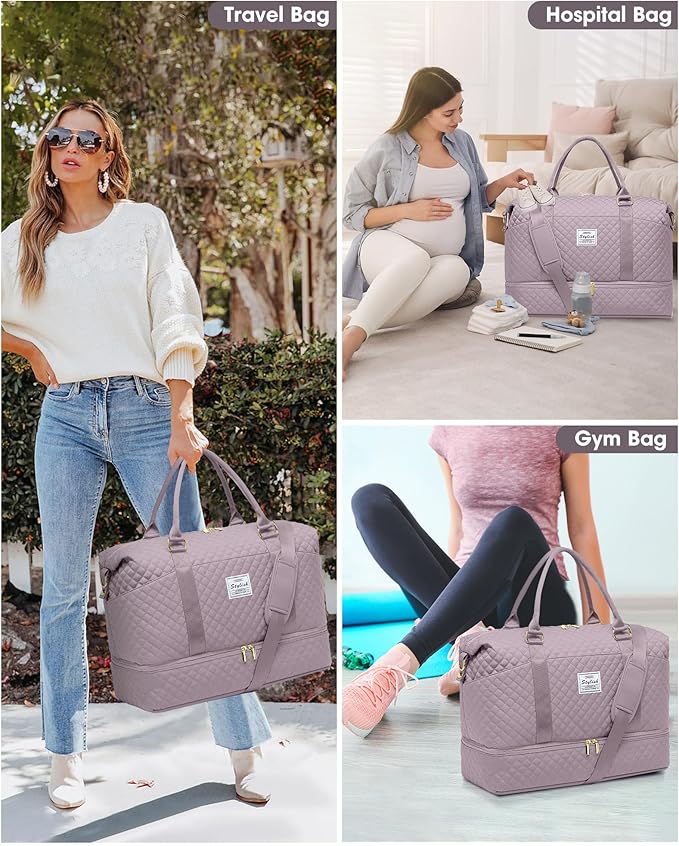 Women Weekender Travel Duffle Bag: Travel Duffel Overnight Bags with Shoe Compartment Carry on Tote Bags Toiletry Bag Weekend Yoga Gym Hospital Bags for Labor and Delivery with Wet Pocket Purple Grey