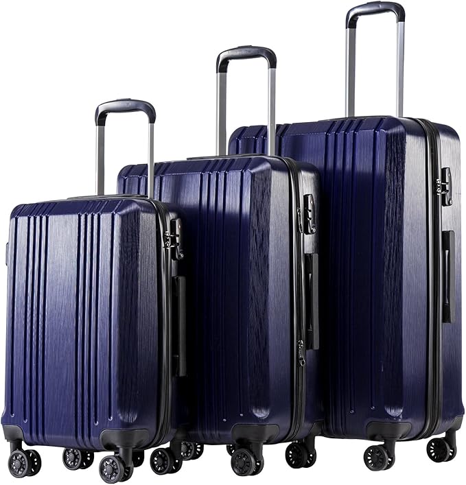 Coolife Luggage 3 Piece Set PC+ABS Hardshell Suitcases with TSA Lock, Spinner Lightweight (navy, 3 piece set)