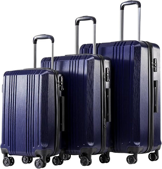 Coolife Luggage 3 Piece Set PC+ABS Hardshell Suitcases with TSA Lock, Spinner Lightweight (navy, 3 piece set)