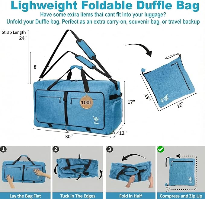 Bago Large Duffle Bag for Travel Women & Men. Durable Lightweight Foldable Travel Duffel Bags For Traveling Women. 100L Duffle Bags for Overnight Bag With Shoe Compartment Collapsible Weekender duffel