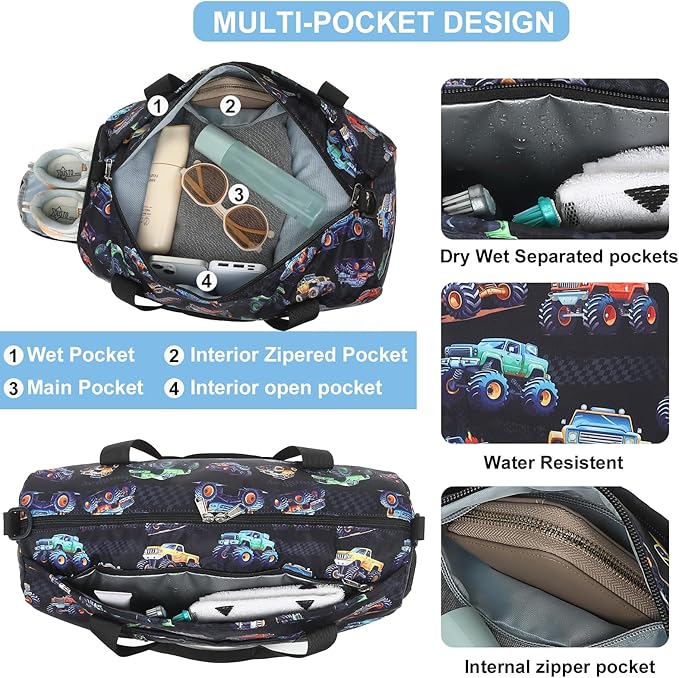 CAMTOP Kids Duffel Overnight Bag Boys Girls Toddler Weekender Carry-On Personalized Tote for Travel Gym Sport (D-Car)