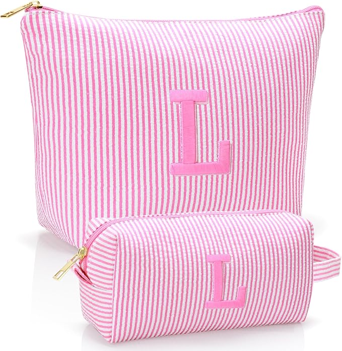 Personalized Initial Makeup Bag,Toiletry Travel Cosmetic Bag,Trendy Stuff for Teen Girls and Women,Holiday & Birthday Gift,2 Pack (L, Pink)
